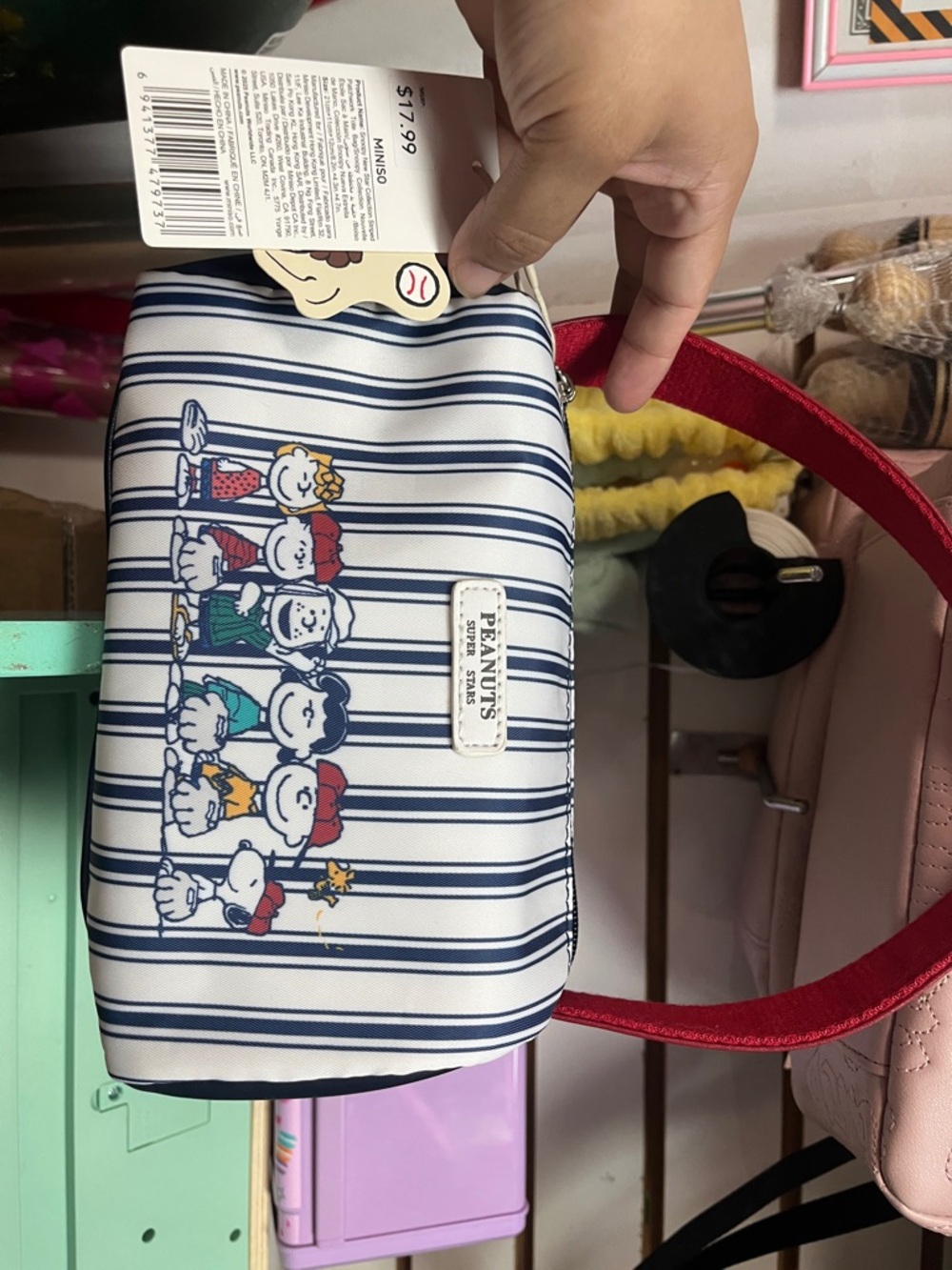 Peanuts Navy & White Striped Crossbody with Red Strap